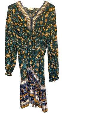 Umgee Green Floral Long Sleeve Boho Midi Dress with Mustard Accents